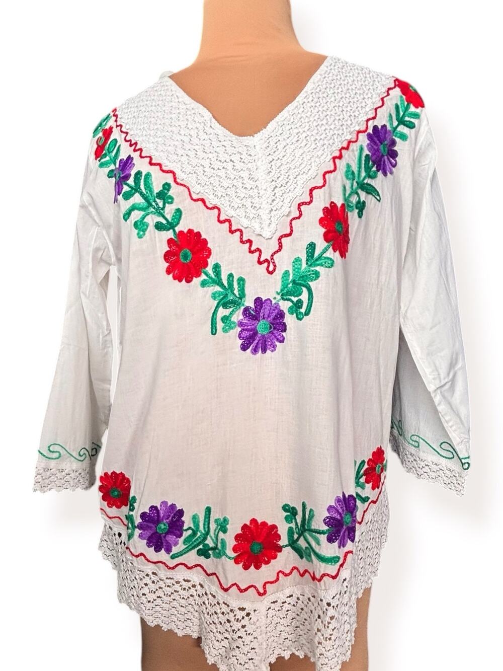Embroidered Cotton Top White Floral Crochet Lace Boho Peasant Hippie Festival
